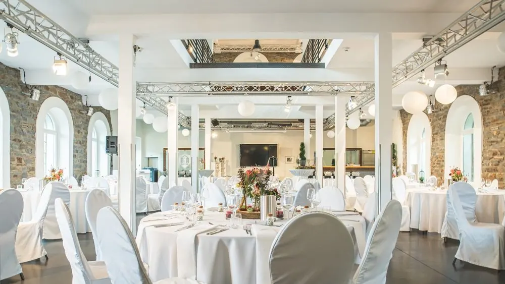 Event Venue 3 – Historic event venue: stone facade at night, ballroom, bar and lightin