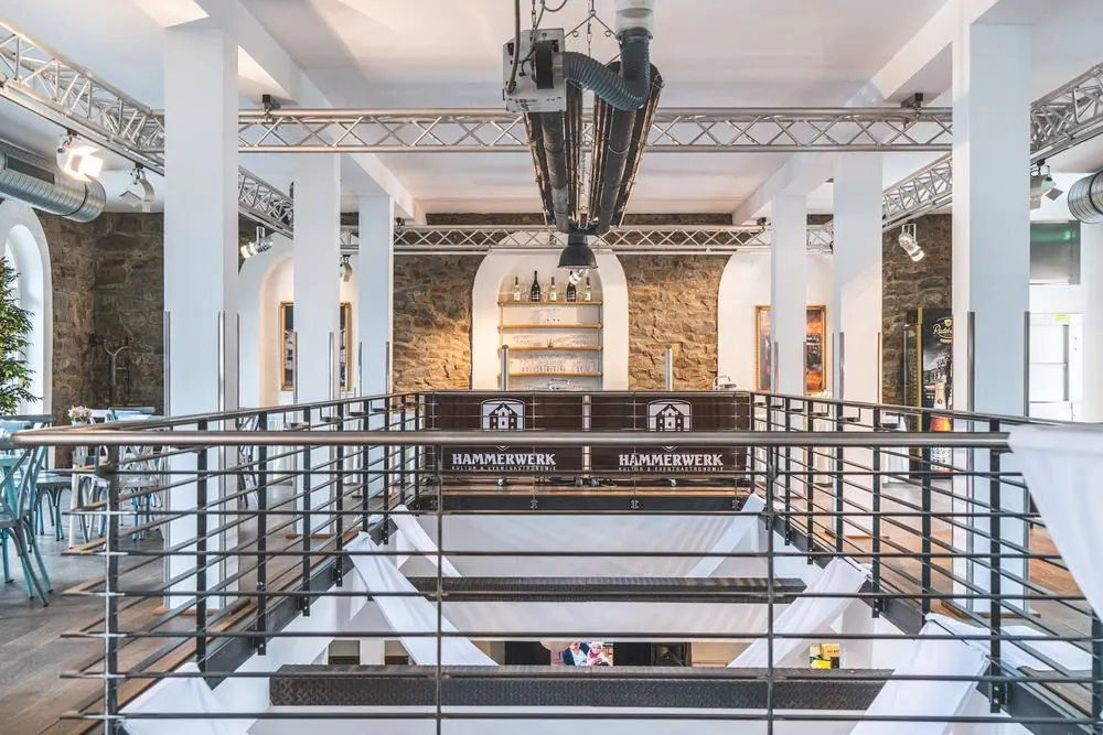 Event Venue 5 – Historic event venue: stone facade at night, ballroom, bar and lightin