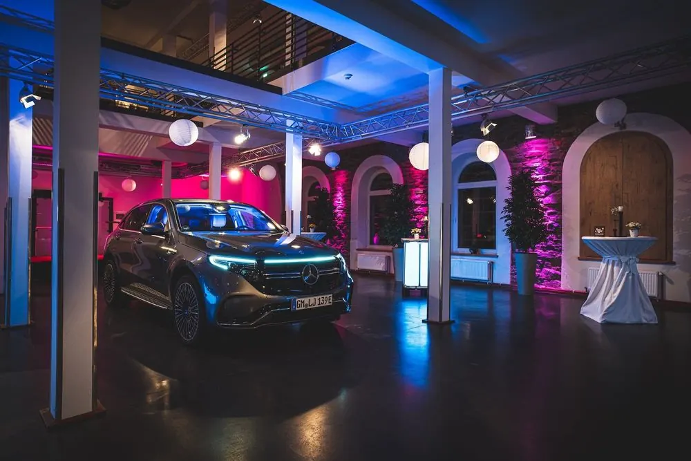 Event Venue 8 – Historic event venue: stone facade at night, ballroom, bar and lightin